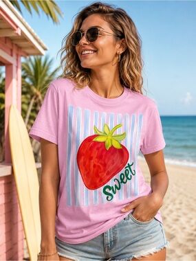 Strawberry Sweet Graphic Tee Pink Gildan Summer Beachy Cottagecore Shirt L
